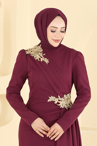 moda selvim فستان سهرة خمري ASM2866 - Thumbnail