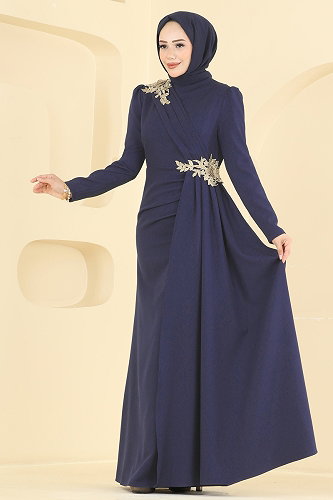 moda selvim فستان سهرة كحلي ASM2866 - Thumbnail