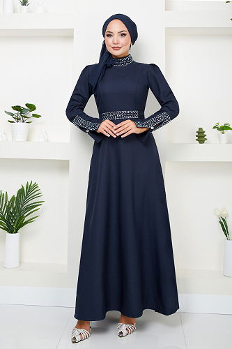 moda selvim EVENING DRESS ASN174-M Navy Blue - Thumbnail