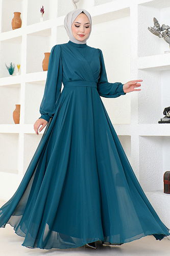 moda selvim Evening Dress END5525-M Petroleum - Thumbnail