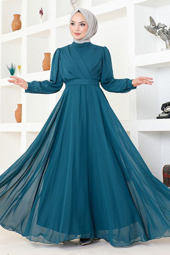 moda selvim فستان سهرة بترولي END5525-M - Thumbnail