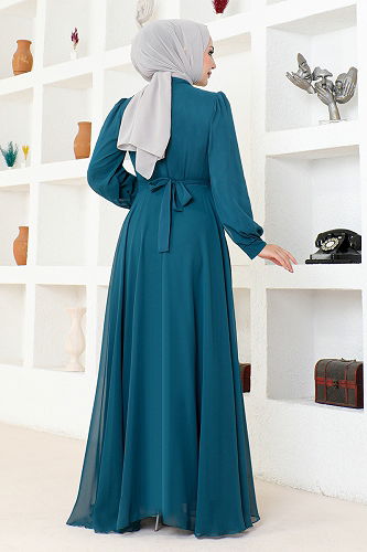 moda selvim فستان سهرة بترولي END5525-M - Thumbnail