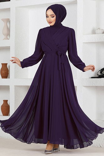 moda selvim فستان سهرة أرجواني END5525-M - Thumbnail