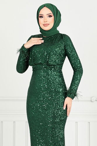 moda selvim Evening Dress END5544-M Dark Emerald - Thumbnail