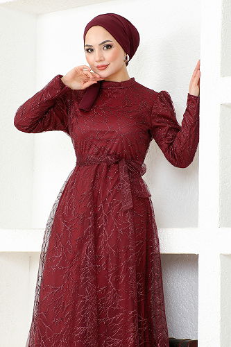 moda selvim Evening Dress END5592-M Burgundy - Thumbnail