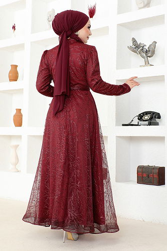 moda selvim Evening Dress END5592-M Burgundy - Thumbnail