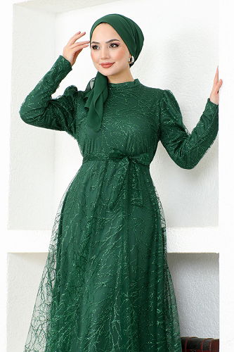 moda selvim فستان سهرة زيتي END5592-M - Thumbnail