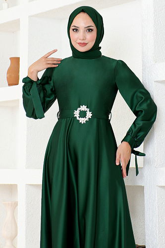 moda selvim فستان سهرة زيتي LPN54133-M - Thumbnail