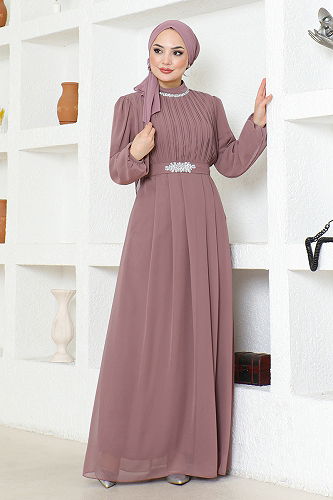 moda selvim فستان سهرة وردي LPN6056-M - Thumbnail