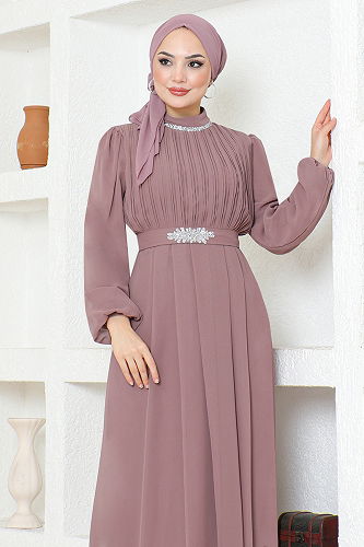 moda selvim فستان سهرة وردي LPN6056-M - Thumbnail