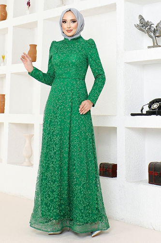 moda selvim فستان سهرة زيتي MDY4934-M - Thumbnail