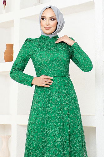 moda selvim فستان سهرة زيتي MDY4934-M - Thumbnail