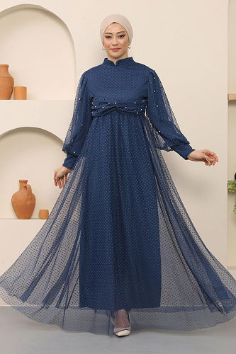 moda selvim EVENING DRESS MİH12238-M Indigo - Thumbnail