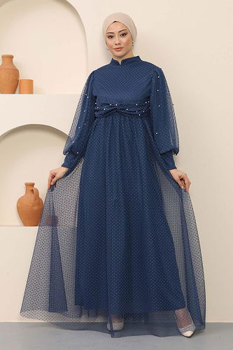 moda selvim فستان سهرة ازرق MİH12238-M - Thumbnail