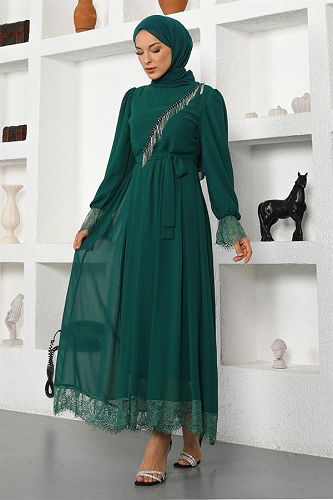 moda selvim Evening Dress MİH17200-M Emerald - Thumbnail