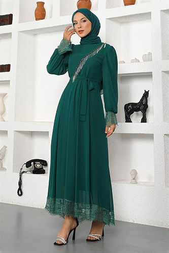 moda selvim Evening Dress MİH17200-M Emerald - Thumbnail
