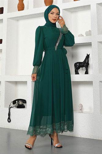 moda selvim فستان سهرة زيتي MİH17200-M - Thumbnail