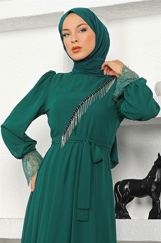 moda selvim فستان سهرة زيتي MİH17200-M - Thumbnail