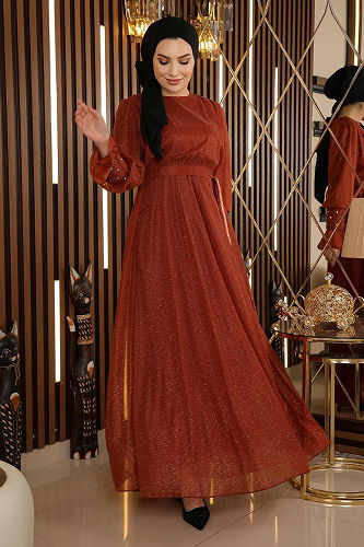 moda selvim Evening Dress MİH19113-M Tile - Thumbnail