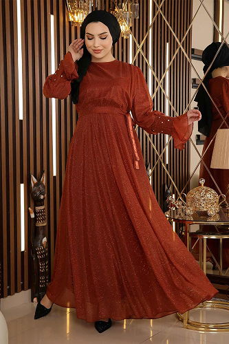 moda selvim Evening Dress MİH19113-M Tile - Thumbnail