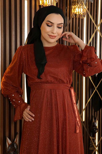 moda selvim فستان سهرة قرميدي MİH19113-M - Thumbnail