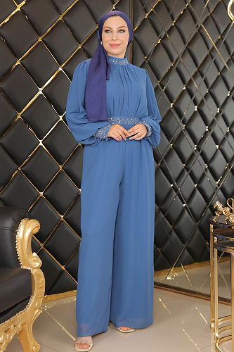 moda selvim Evening Dress MİH19153-M Blue - Thumbnail