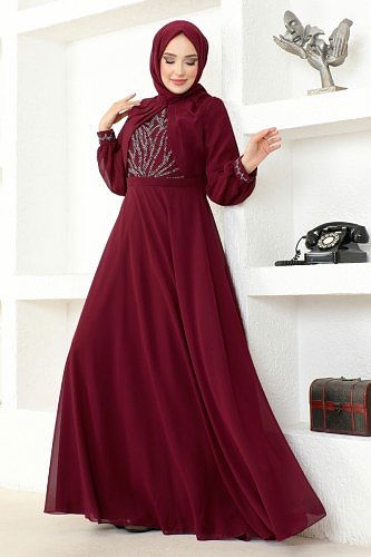 moda selvim Evening Dress MSL52886 Burgundy - Thumbnail