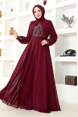 moda selvim Evening Dress MSL52886 Burgundy - Thumbnail