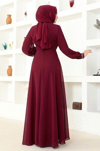 moda selvim Evening Dress MSL52886 Burgundy - Thumbnail