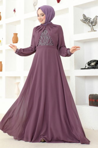 moda selvim Evening Dress MSL52886 Lilac - Thumbnail