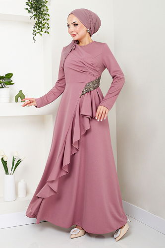 moda selvim فستان سهرة وردي NYA5019-M - Thumbnail