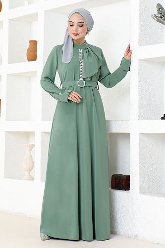 moda selvim فستان سهرة أخضر عشبي SHD5326-M - Thumbnail