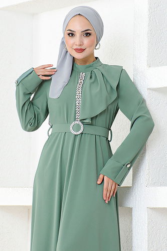 moda selvim فستان سهرة أخضر عشبي SHD5326-M - Thumbnail