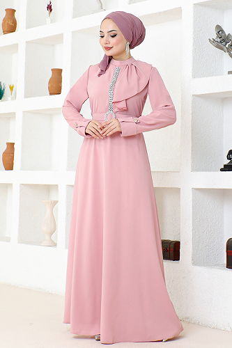 moda selvim فستان سهرة بيج وردي SHD5326-M - Thumbnail