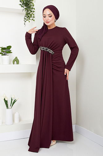 moda selvim Evening Dress with Brooch Detail 5021SL890 Burgundy - Thumbnail