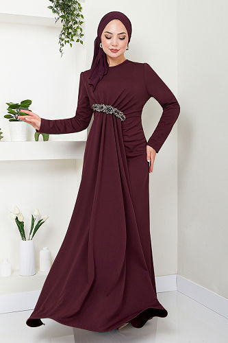 moda selvim Evening Dress with Brooch Detail 5021SL890 Burgundy - Thumbnail