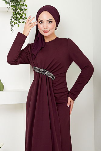 moda selvim Evening Dress with Brooch Detail 5021SL890 Burgundy - Thumbnail