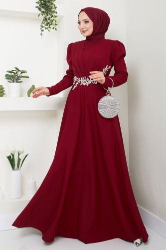 moda selvim Evening Dress with Embroidered Waist 6876MDH809 Burgundy - Thumbnail