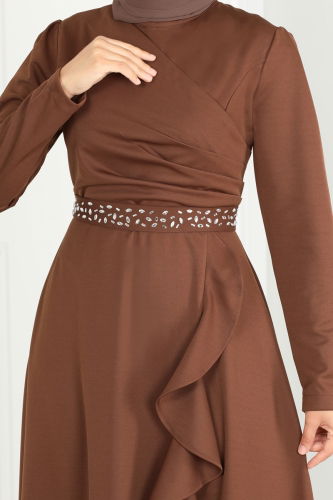 moda selvim Evening Dress with Ruffled Skirt 3017KTR750 Brown - Thumbnail