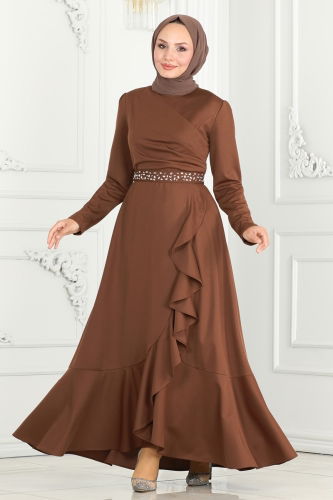 moda selvim Evening Dress with Ruffled Skirt 3017KTR750 Brown - Thumbnail