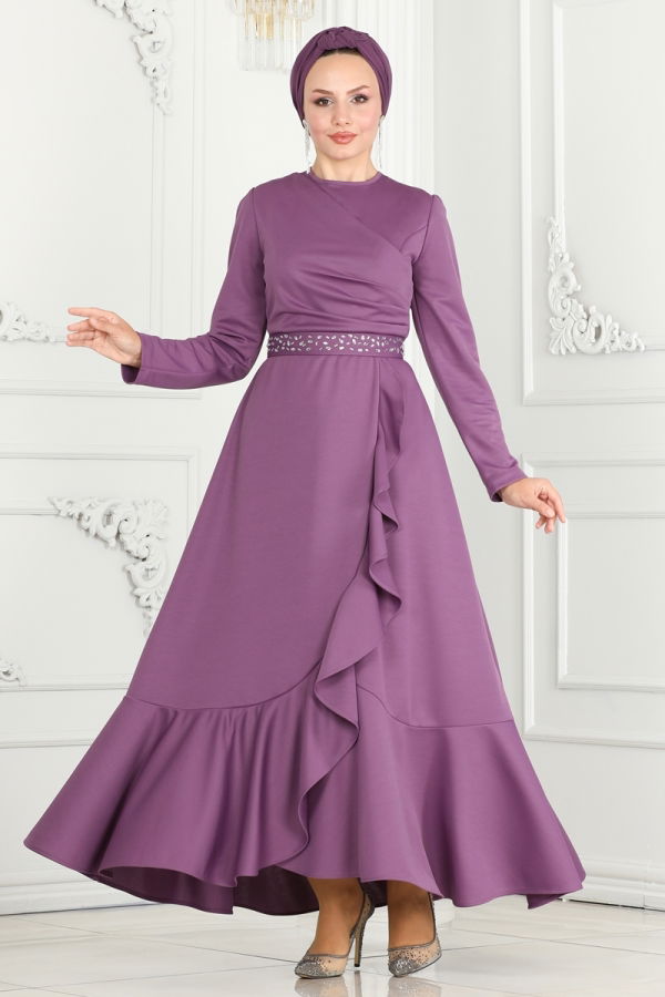 Evening Dresses with Ruffled Skirt 3017KTR750 Lilac - Moda Selvim