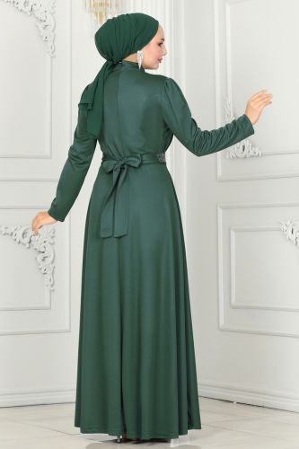 moda selvim Evening Dress with Stone Embroidered Belt 259DVL817 Emerald - Thumbnail