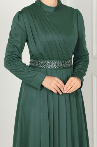 moda selvim Evening Dress with Stone Embroidered Belt 259DVL817 Emerald - Thumbnail