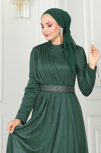 moda selvim Evening Dress with Stone Embroidered Belt 259DVL817 Emerald - Thumbnail