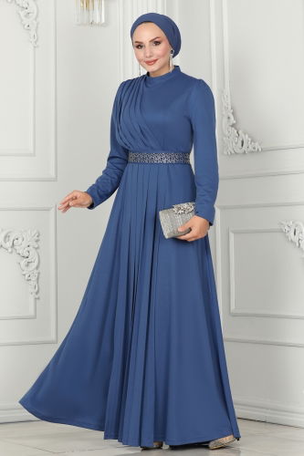 moda selvim Evening Dress with Stone Embroidered Belt 259DVL817 Indigo - Thumbnail