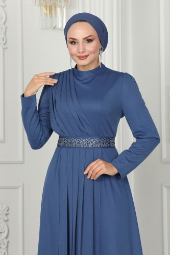 moda selvim Evening Dress with Stone Embroidered Belt 259DVL817 Indigo - Thumbnail