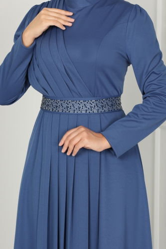 moda selvim Evening Dress with Stone Embroidered Belt 259DVL817 Indigo - Thumbnail