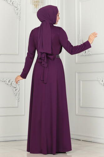 moda selvim Evening Dress with Stone Embroidered Belt 259DVL817 Purple - Thumbnail