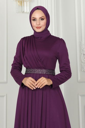 moda selvim Evening Dress with Stone Embroidered Belt 259DVL817 Purple - Thumbnail