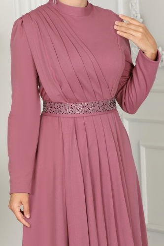 moda selvim Evening Dress with Stone Embroidered Belt 259DVL817 Rose Dry - Thumbnail